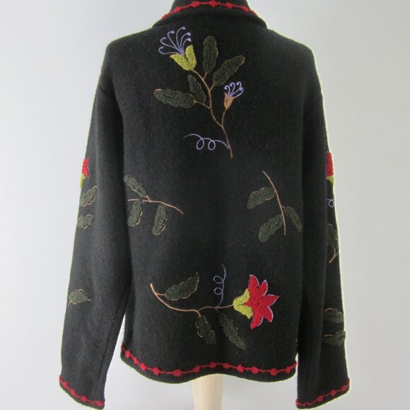 Tally Ho Womens S Black Boiled Wool Floral Full Zip Long Sleeve Jacket Cardigan - Picture 15 of 16